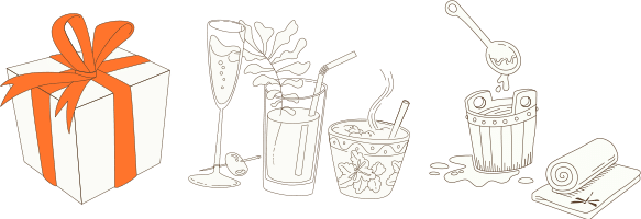 Illustrations of gifts, drinks, and spa
