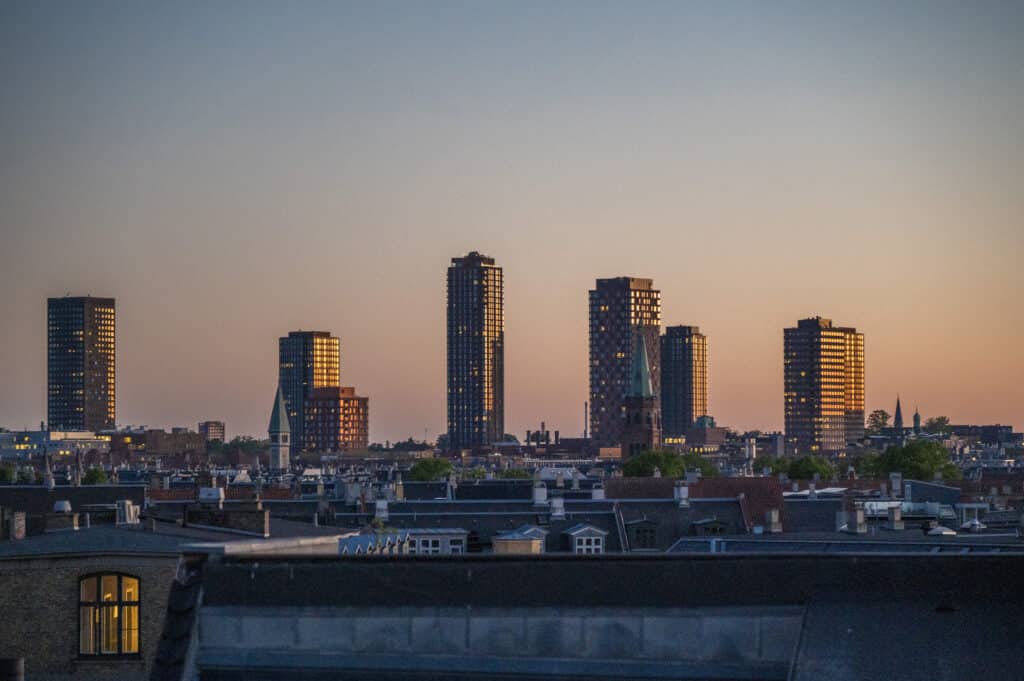 Night view from the rooftop at Axel Guldsmeden Hotel in Copenhagen