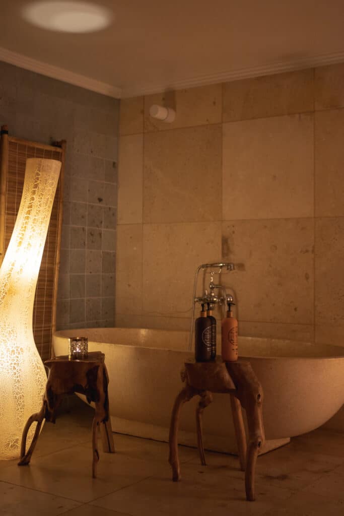 Spa bathtub with I Love Eco Essentials products at Oslo Guldsmeden Hotel